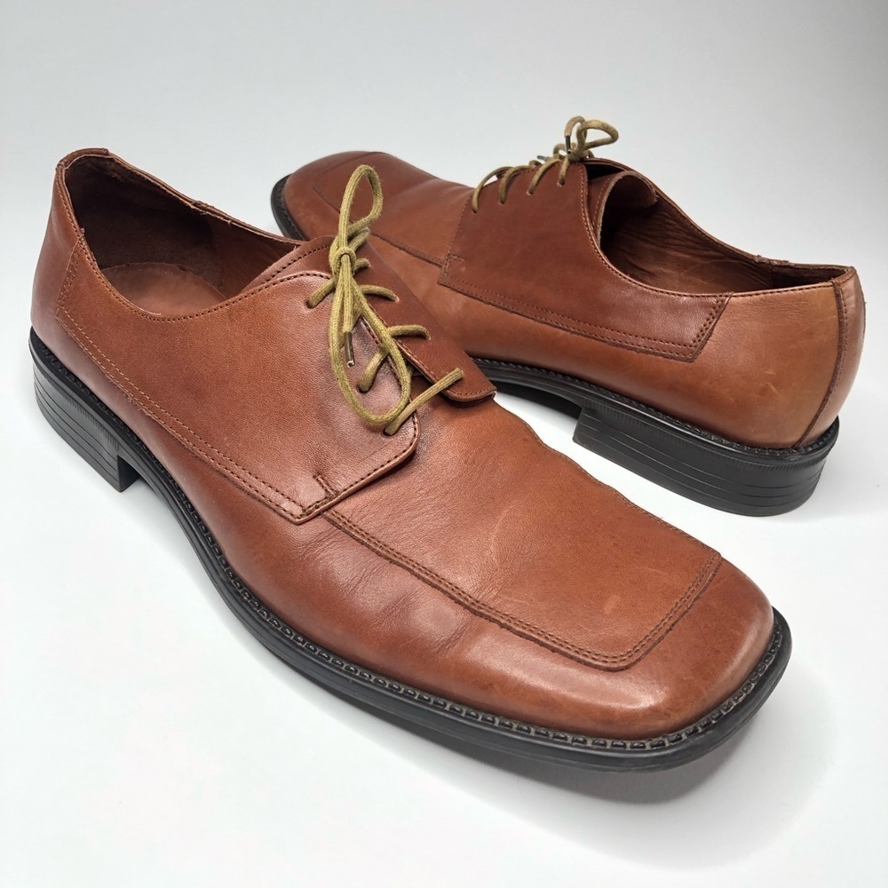 SQUARE Toe Oxford Camel Brown Leather Tan Lace-up Men's Dress Shoes SIZE 12